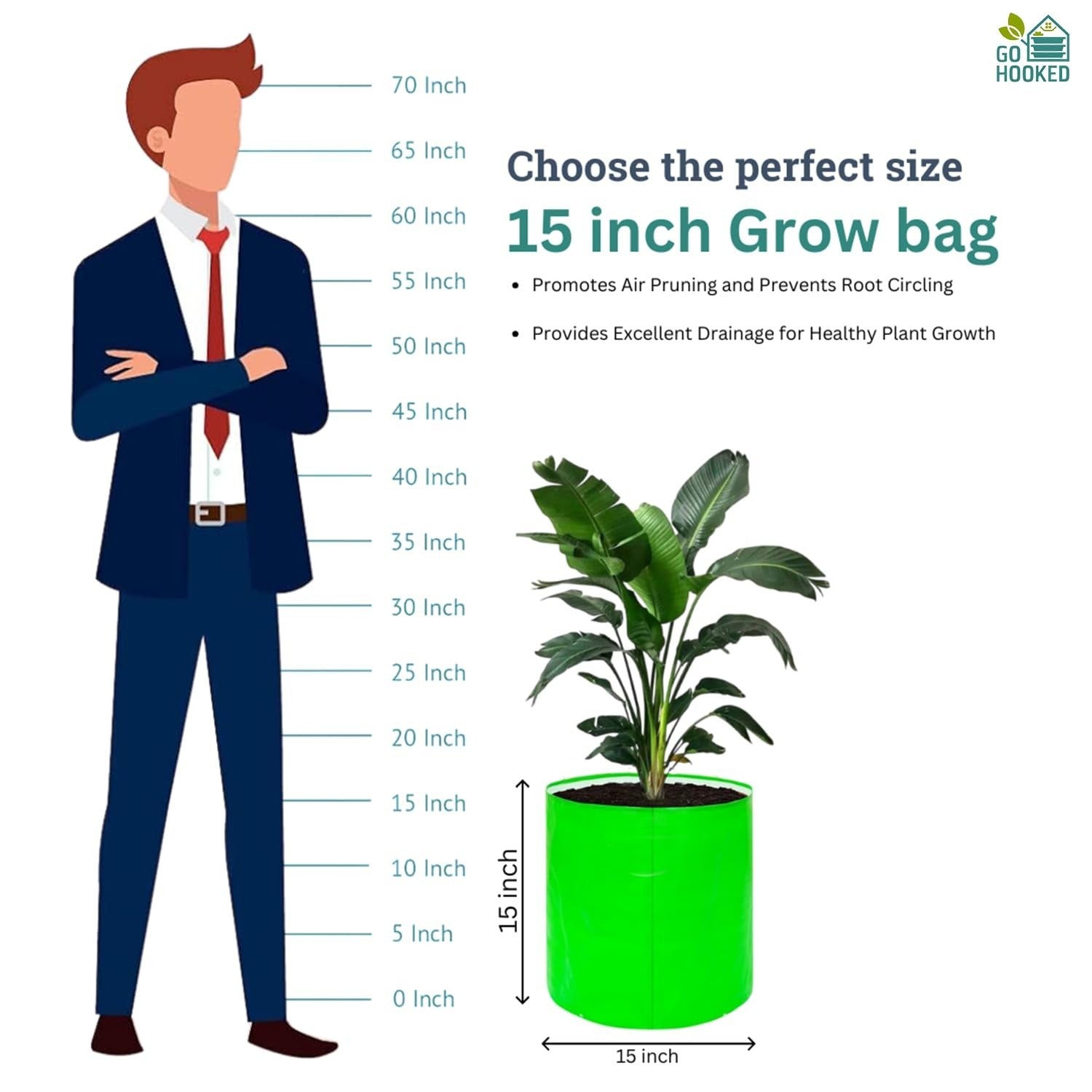 GoHooked 15-inch green heavy-duty grow bag with a plant, shown next to a man for scale. Promotes air drainage.