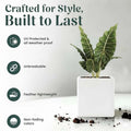 GoHooked 15-inch white polymer cube planter with a plant. UV protected, unbreakable, lightweight, non-fading.