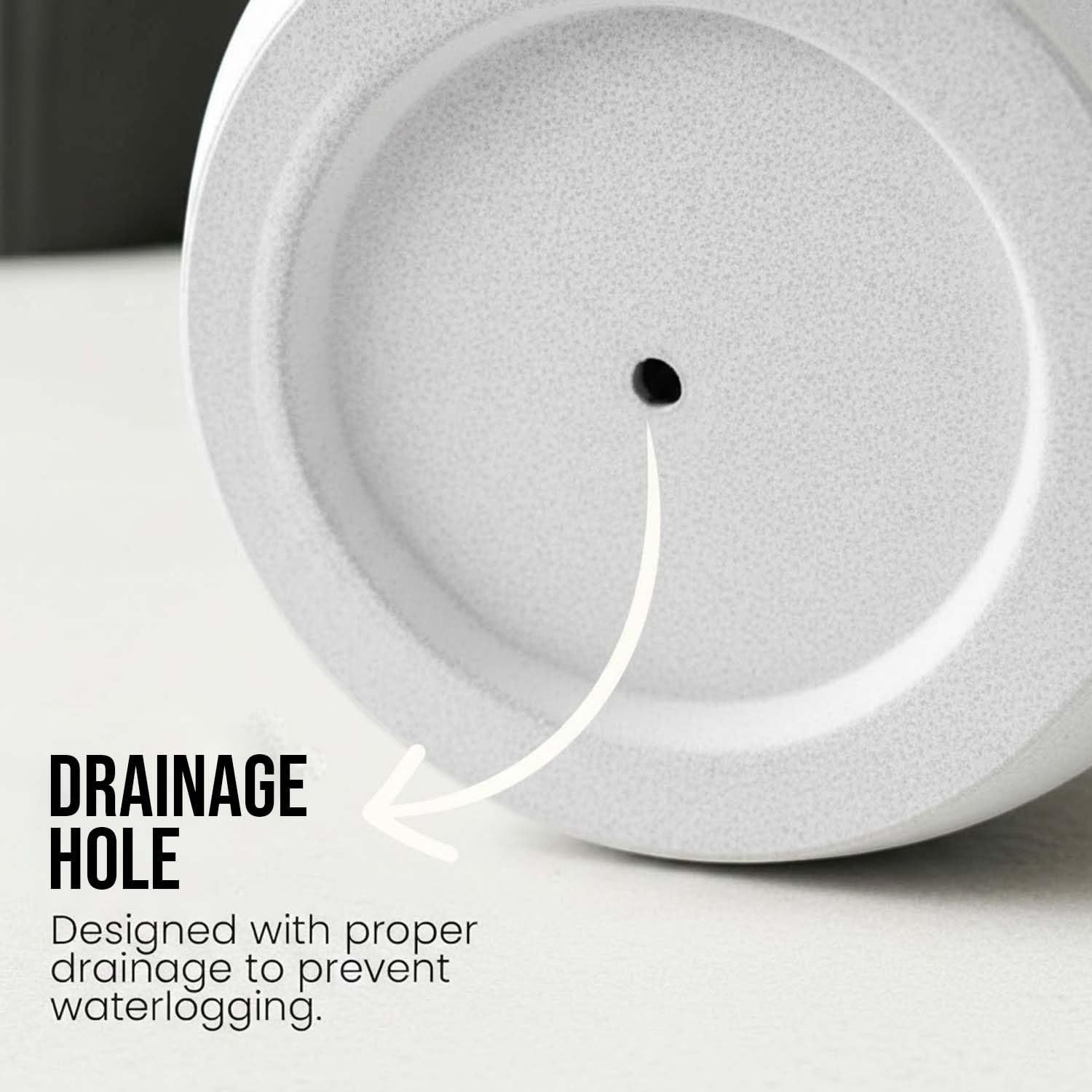GoHooked 15-inch white polymer plant pot with drainage hole for healthy roots.