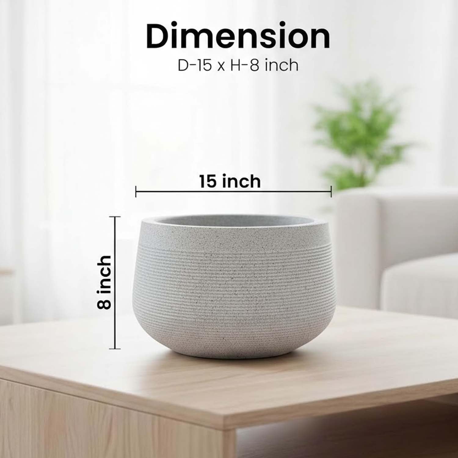 GoHooked 15 inch white polymer plant pot with textured horizontal lines, 8 inch height, for indoor/outdoor use.