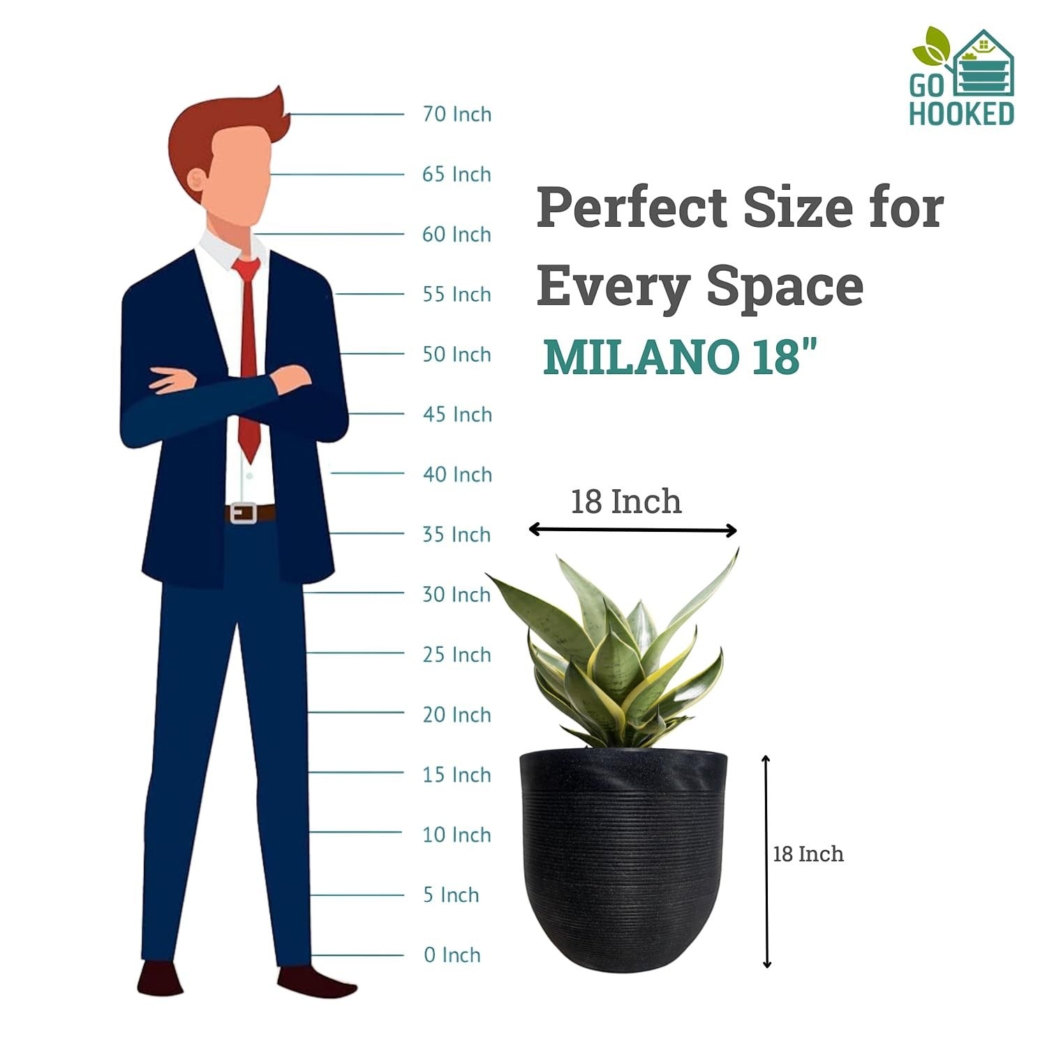 GoHooked 18-inch modern black ribbed polymer plant pot with snake plant. Size comparison graphic.