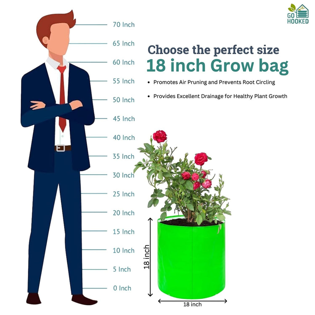 GoHooked 18-inch green fabric grow bag with red roses, showing size comparison to a person.