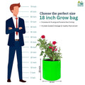 GoHooked 18-inch green HDPE grow bag with red roses, shown next to a man for size comparison.