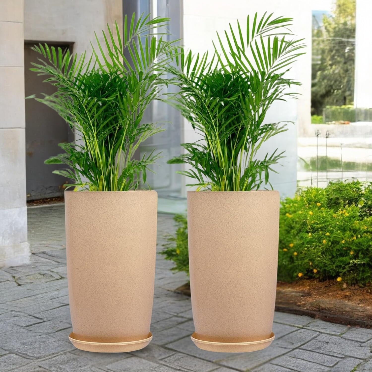 Go Hooked 18 inch brown tower planters with saucers, lightweight and durable for indoor/outdoor use.