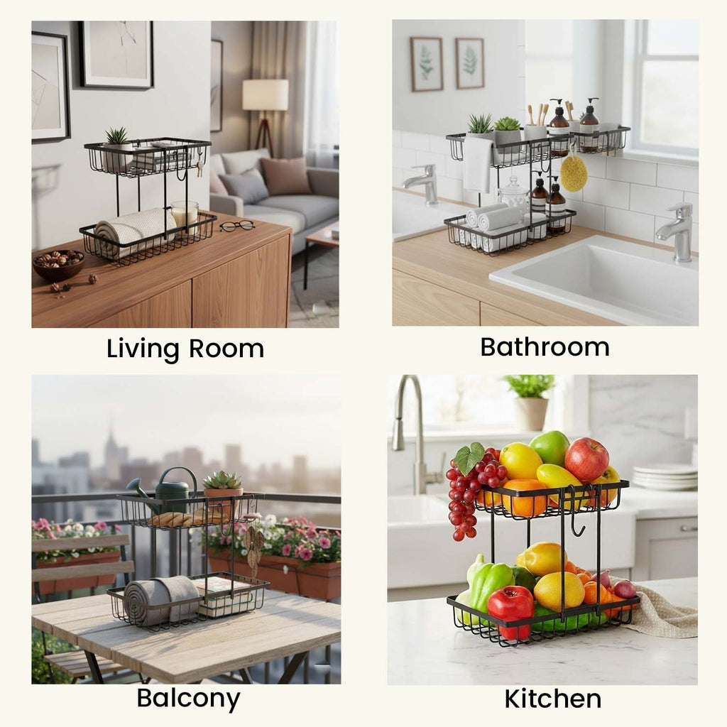 GoHooked 2-tier black iron wire basket used for storage in a living room, bathroom, balcony, and kitchen.