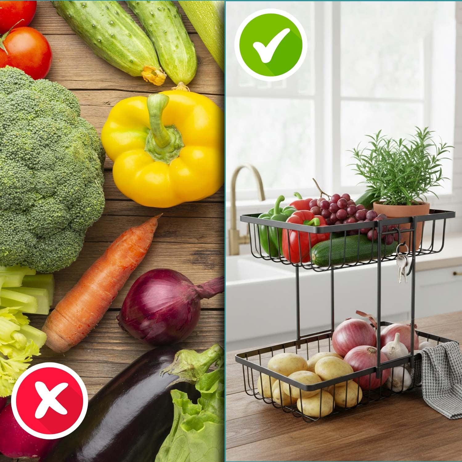 GoHooked 2-tier black iron wire fruit basket on a kitchen counter holding fresh produce and a potted plant.