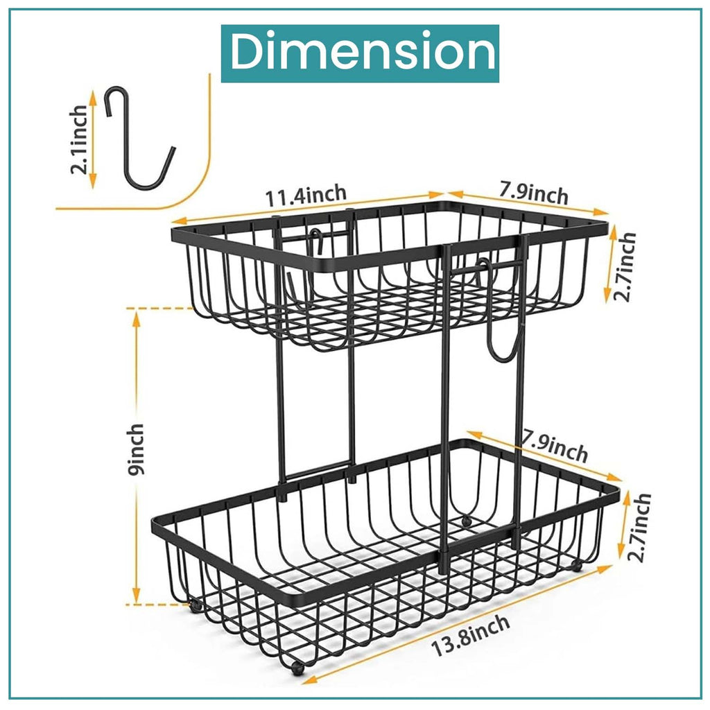 GoHooked 2-tier black iron wire fruit basket with dimensions shown for kitchen countertop storage and organization