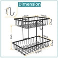 GoHooked 2-tier black iron wire fruit basket with dimensions shown for kitchen countertop storage and organization