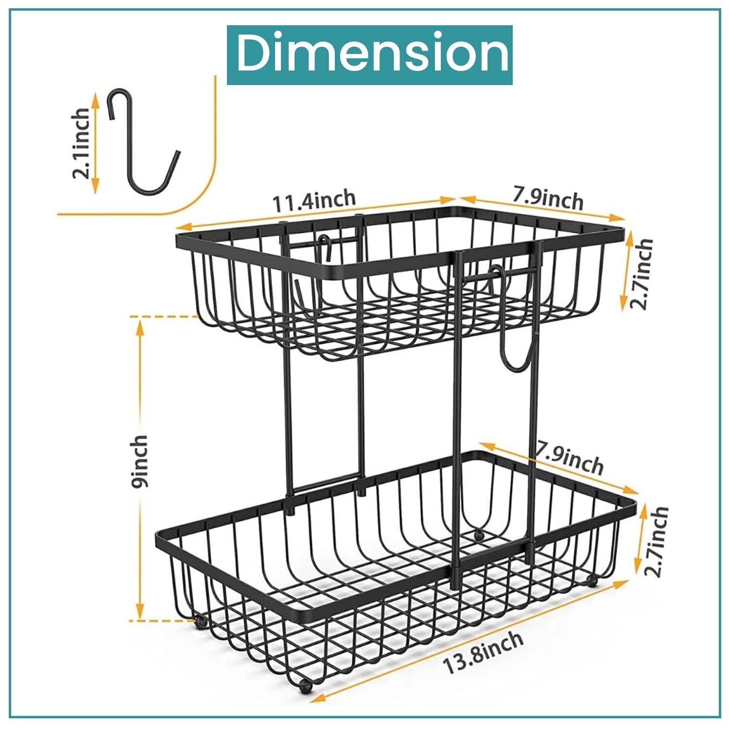 GoHooked 2-tier black iron wire fruit basket with dimensions shown for kitchen countertop storage and organization