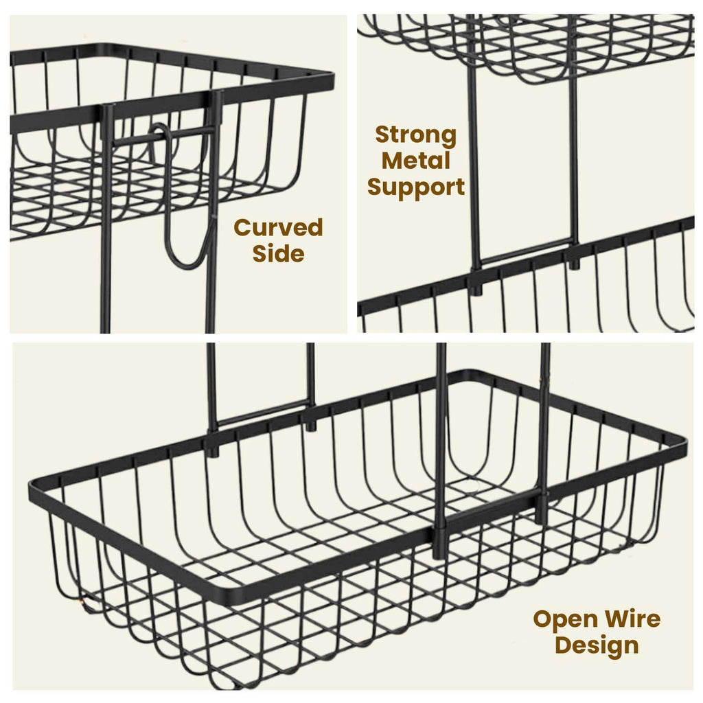 GoHooked 2-tier black iron fruit basket with open wire design, curved sides, and strong metal support structure.