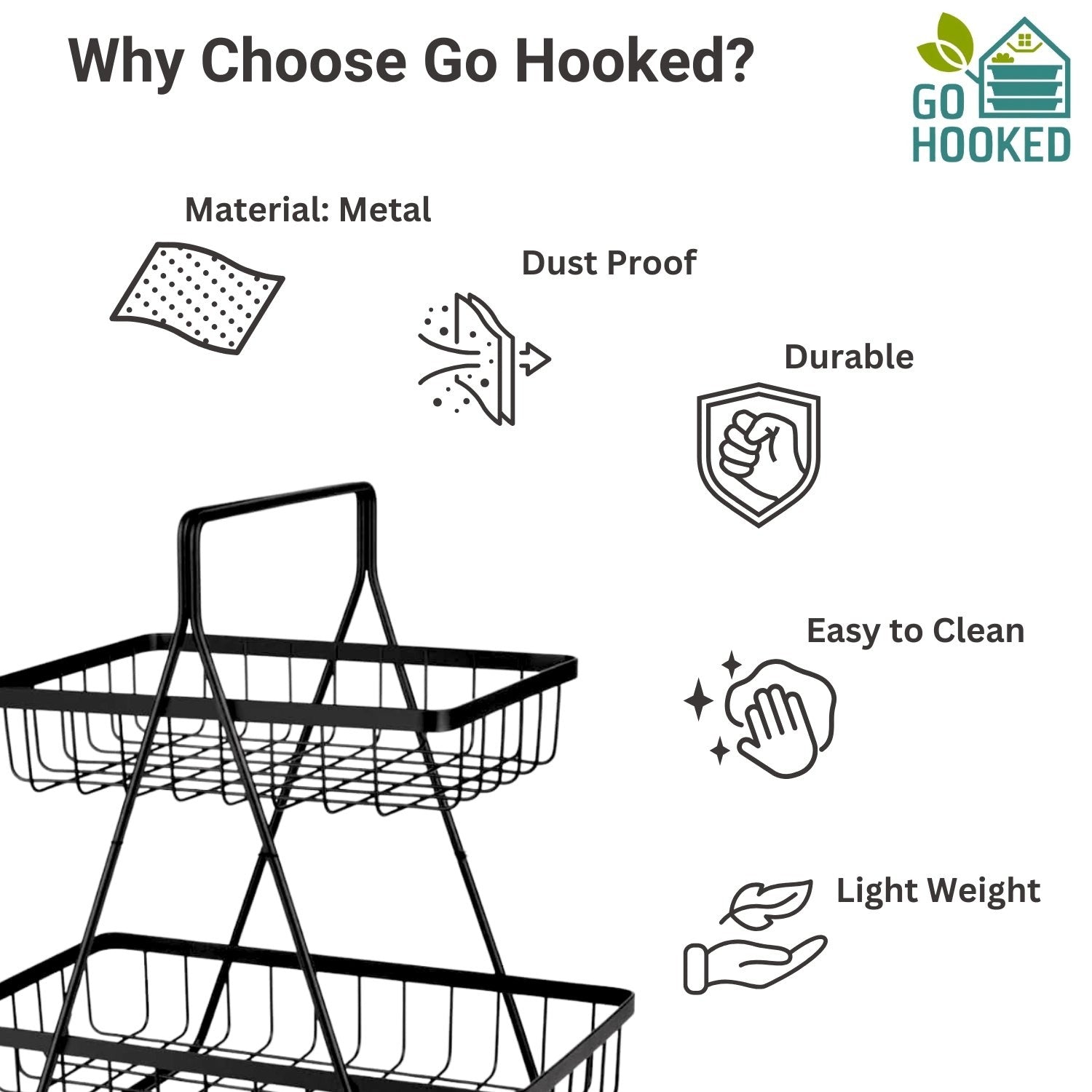 GoHooked 2-tier black metal wire fruit basket with open design for kitchen storage and organization