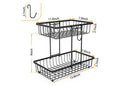 GoHooked black metal 2-tier countertop fruit basket with open wire design for air circulation. Includes dimensions.