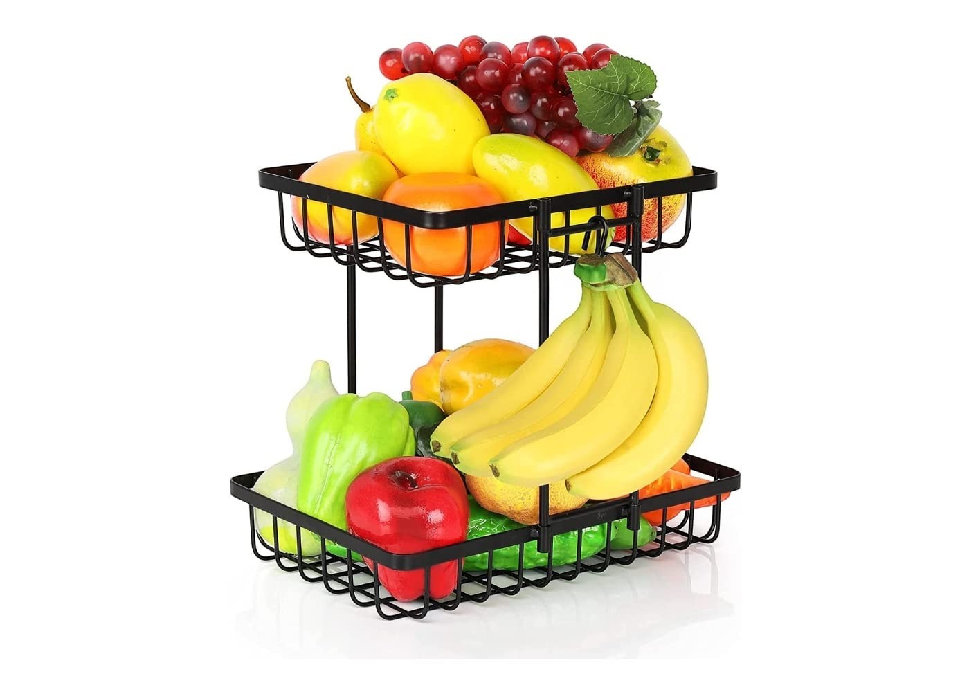GoHooked black metal 2-tier fruit basket with open wire design, ideal for countertop display of fruits, vegetables, and bread.