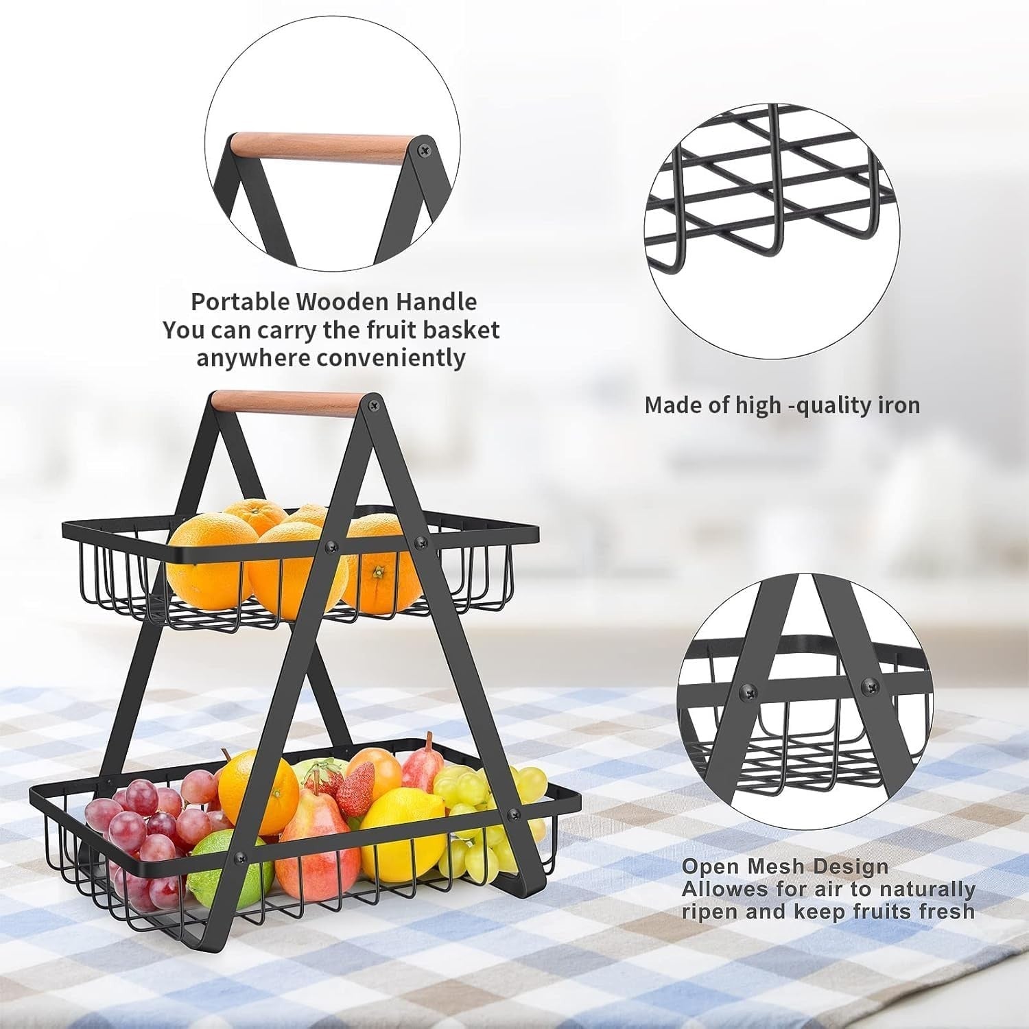 GoHooked black 2-tier metal fruit basket with wooden handle, open mesh design for air circulation.