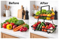 GoHooked black metal 2-tier fruit basket holding fresh vegetables and fruits on a kitchen counter.