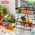 GoHooked black metal 2-tier fruit basket organizer holding carrots, broccoli, cabbage, peppers, and onions on a kitchen counter.