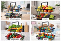 GoHooked black metal 2-tier fruit basket with Y-design, ideal for countertop storage of fruits, vegetables, or office supplies.