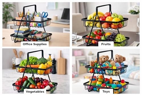 GoHooked black metal 2-tier fruit basket with Y-design, ideal for countertop storage of fruits, vegetables, or office supplies.