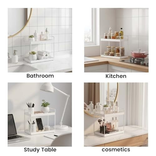 GoHooked white 2-tier iron countertop organizer rack for kitchen, bathroom, or desk. Space-saving design.