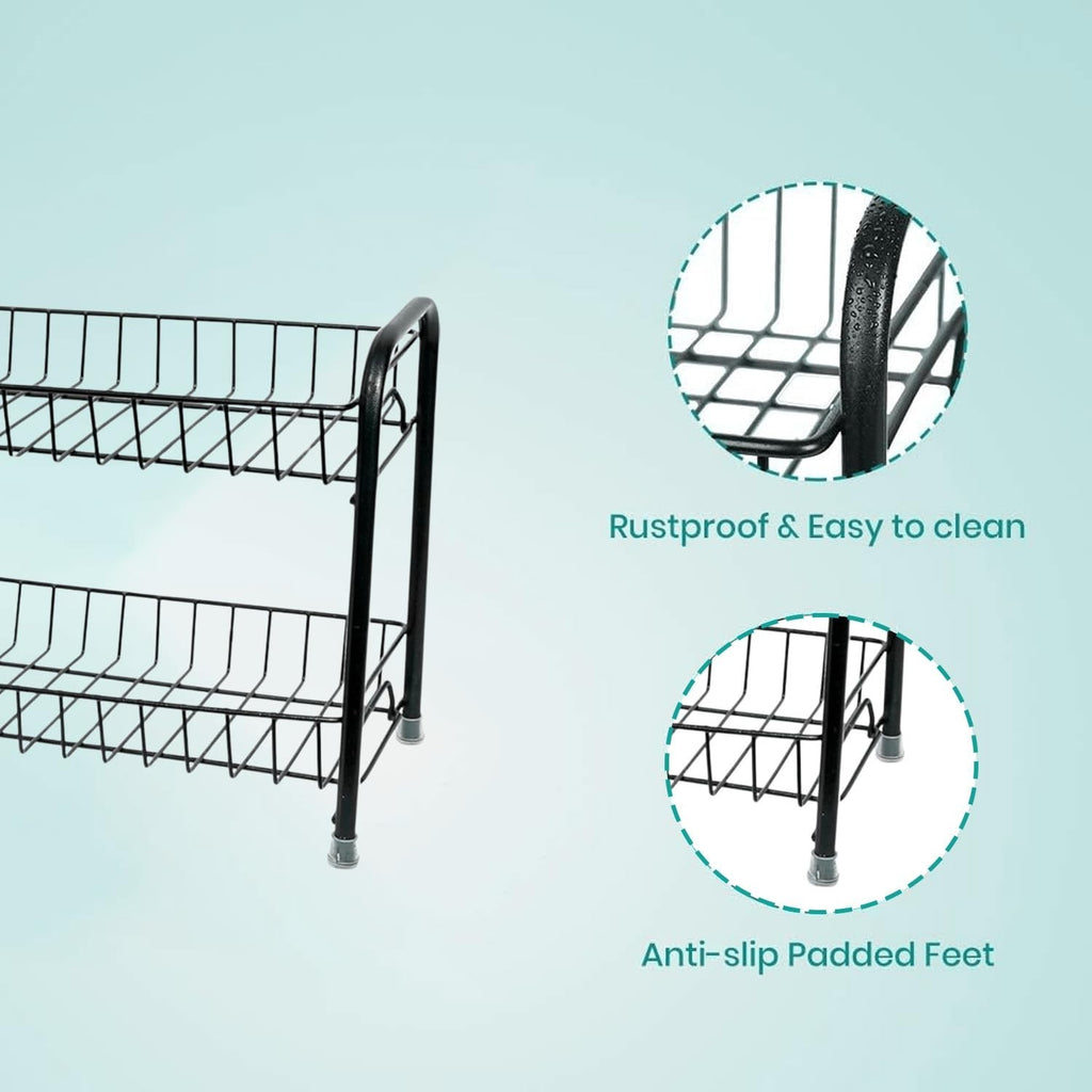 GoHooked black 2-tier iron countertop spice rack organizer with rustproof finish and anti-slip padded feet.