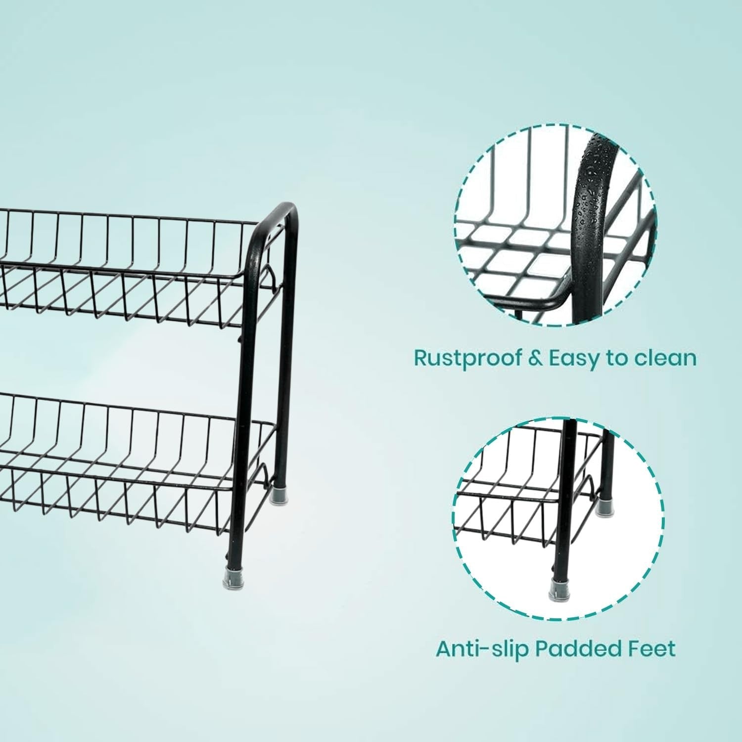 GoHooked black 2-tier iron countertop spice rack organizer with rustproof finish and anti-slip padded feet.