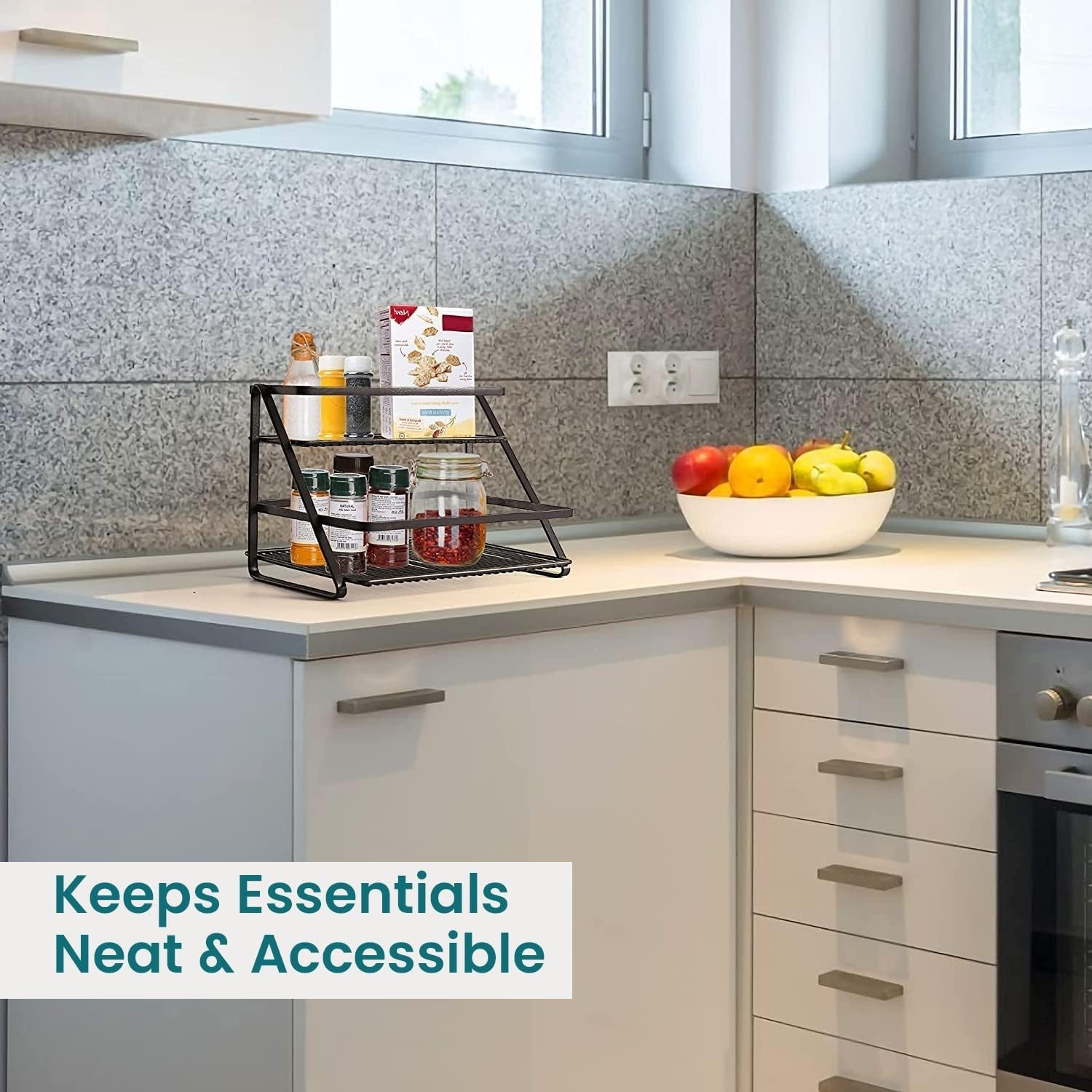 GoHooked 2-tier black metal standing rack organizer for spices, bathroom essentials, or cosmetics.