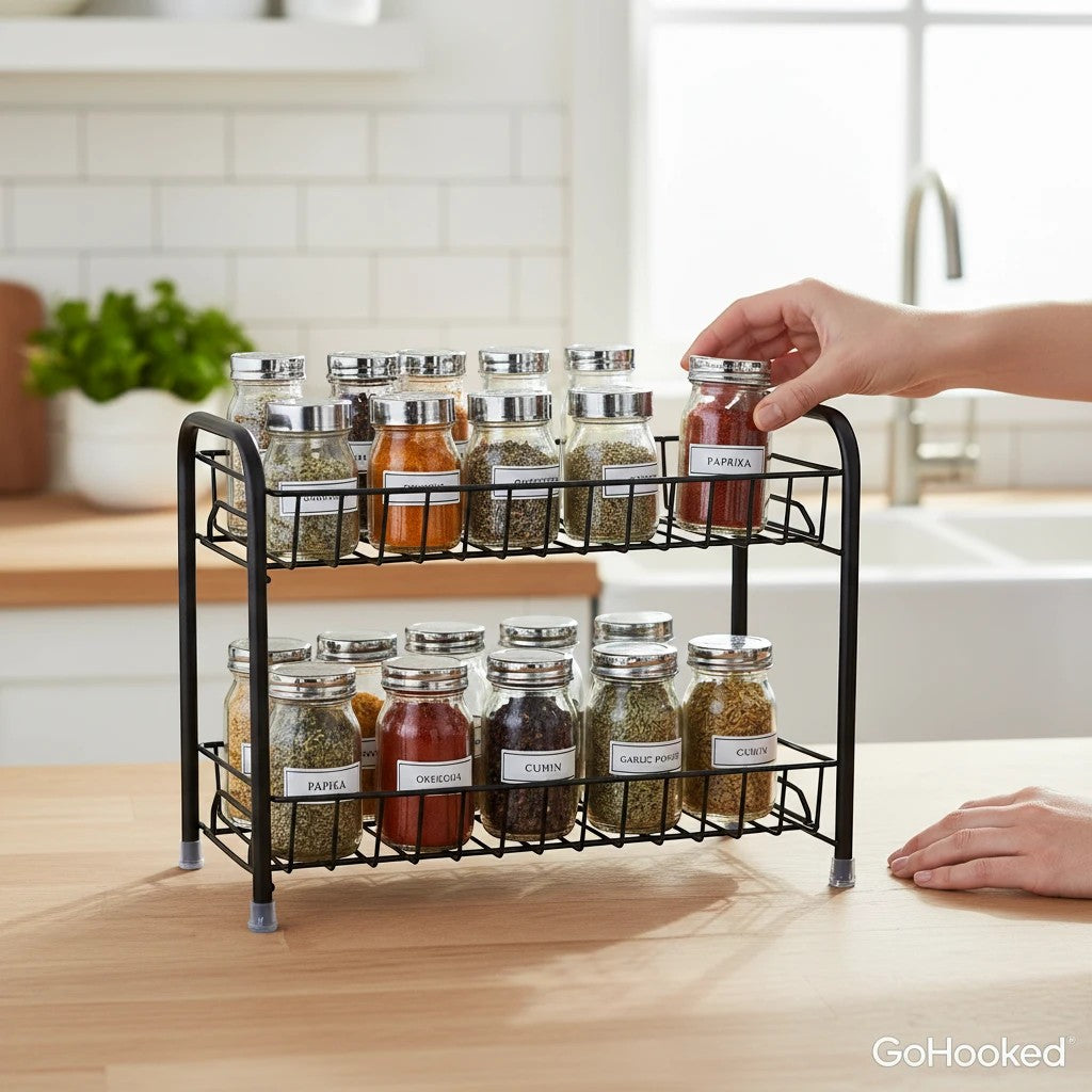 GoHooked black 2-tier metal spice rack organizer filled with jars. A hand reaches for a jar on the top shelf.