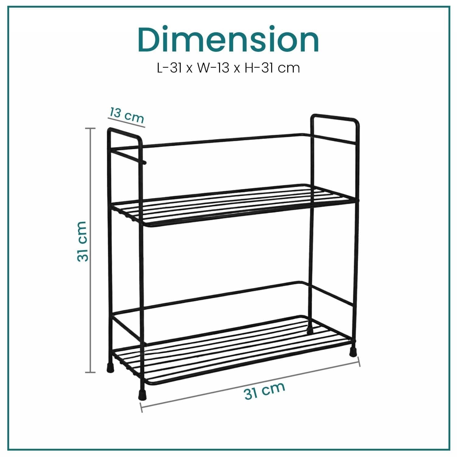 GoHooked black metal 2-tier wire storage rack organizer, 31cm L x 13cm W x 31cm H, for countertop use.