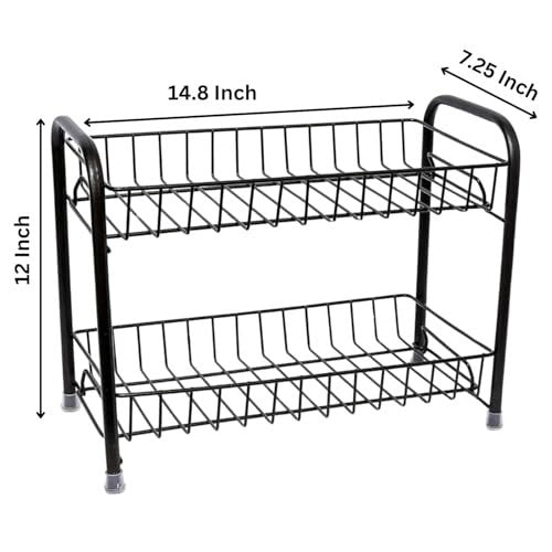 GoHooked black 2-tier metal storage rack, 14.8 inches wide, 12 inches tall. Ideal for spices or toiletries.