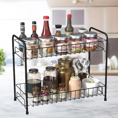GoHooked black 2-tier metal storage rack with jars, bottles, and utensils on a kitchen counter.