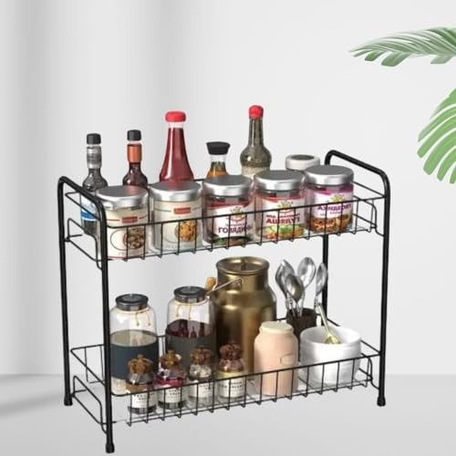 GoHooked black 2-tier metal storage rack with jars, bottles, and utensils. Ideal for kitchen or bathroom.