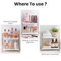 GoHooked white 2-tier shelf rack with rose gold accents, made of metal and polypropylene, for organizing perfumes, makeup, skincare, or bathroom essentials.