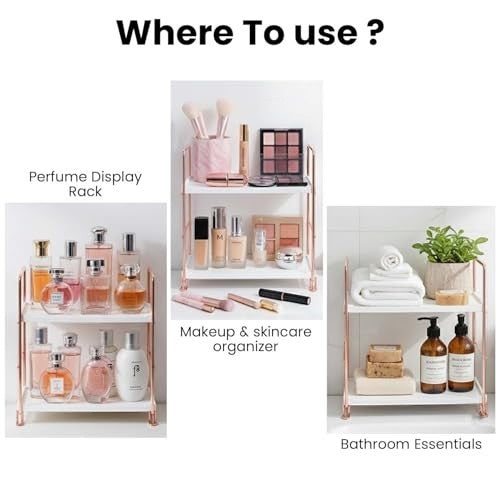 GoHooked white 2-tier shelf rack with rose gold accents, made of metal and polypropylene, for organizing perfumes, makeup, skincare, or bathroom essentials.