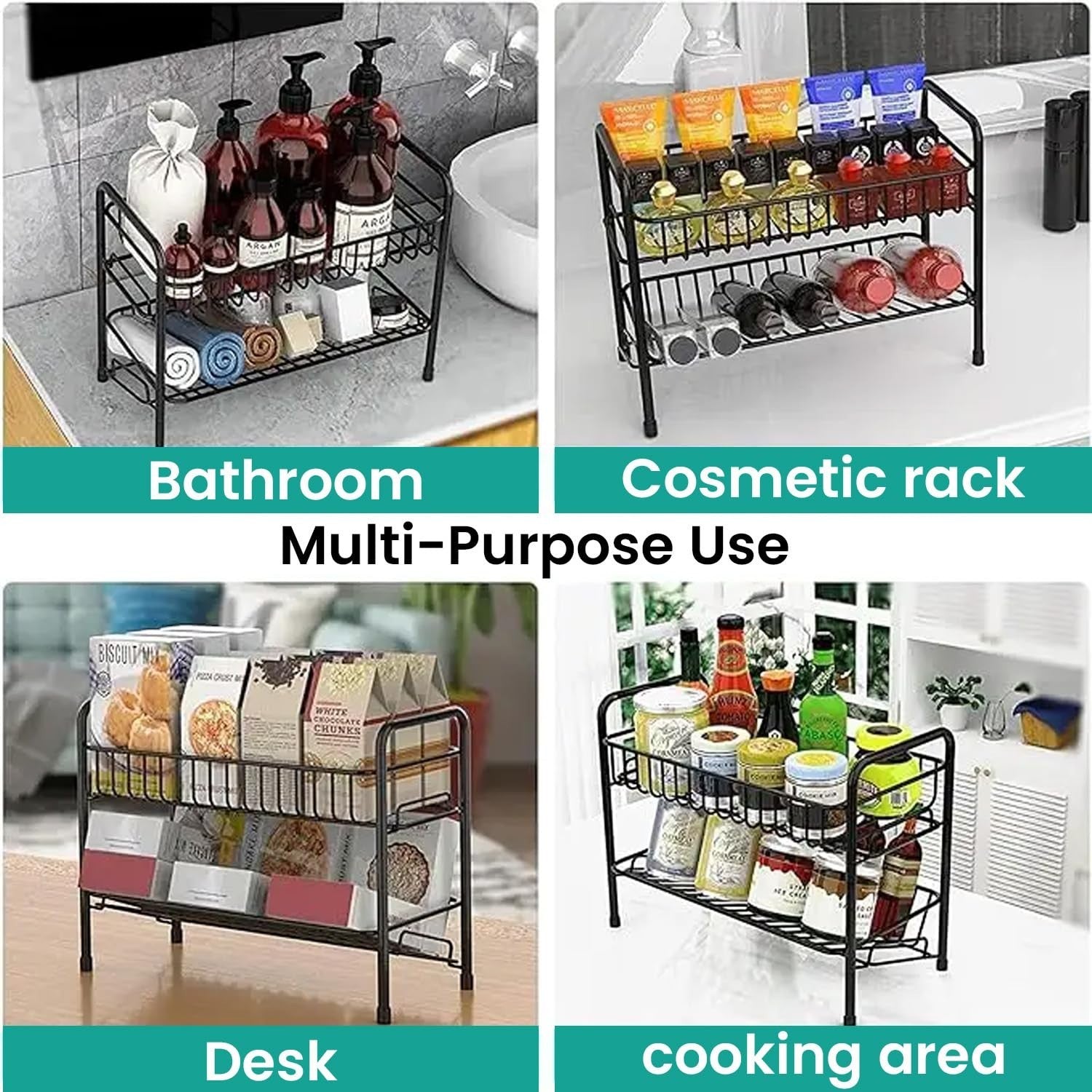 GoHooked black 2-tier iron countertop spice rack organizer for kitchen storage, bathroom, or desk.