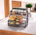 GoHooked 2-tier black metal spice rack organizer with jars and spice bottles on a countertop.