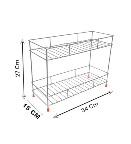 GoHooked 2-tier silver stainless steel multipurpose shelf basket for kitchen and bathroom storage organizer rack.