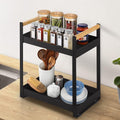 GoHooked black metal 2-tier standing rack with wood handles, holding spices, jars, utensils, and kitchenware.