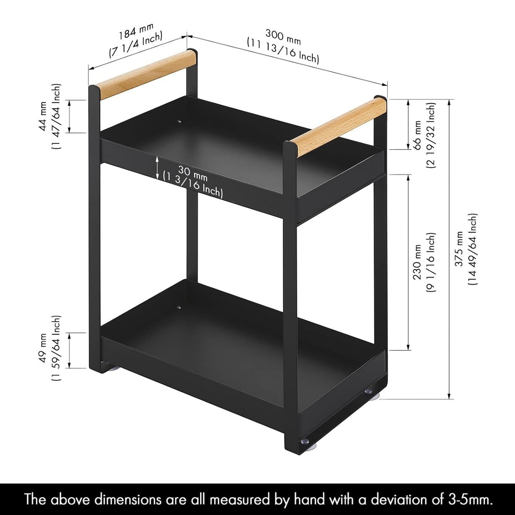 GoHooked black metal 2-tier standing rack with wood handles, perfect for bathroom or kitchen storage.