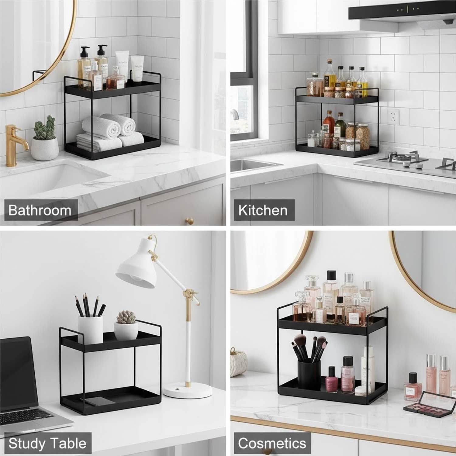GoHooked black 2-tier iron standing rack organizer for kitchen, bathroom, office, and cosmetics. Features a space-saving design.