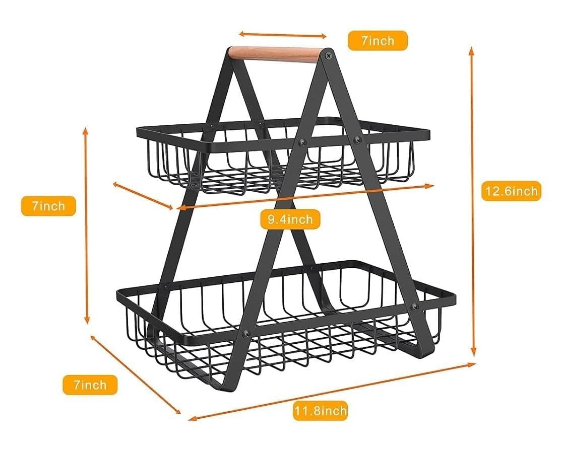 GoHooked black metal 2-tier storage basket with wooden handle, ideal for fruit, vegetables, or general display.