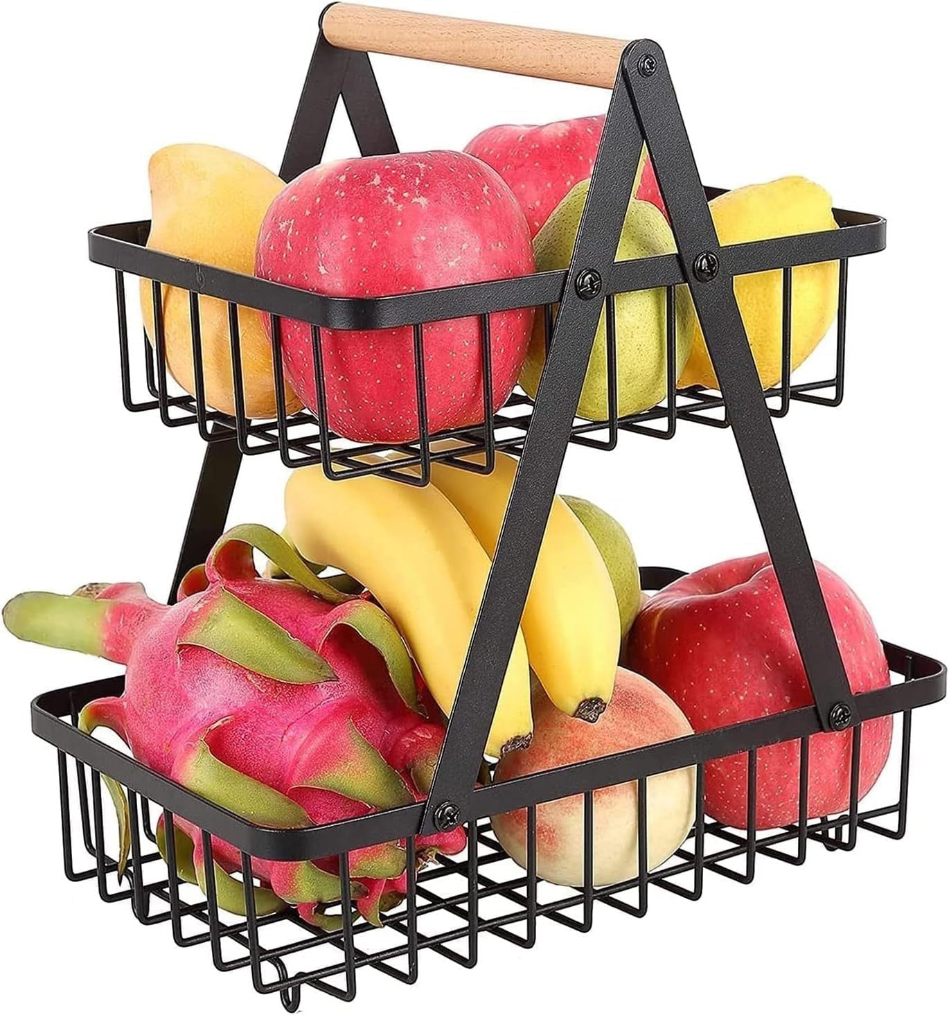 Go Hooked black metal 2-tier storage basket with wooden handle, filled with fruits.