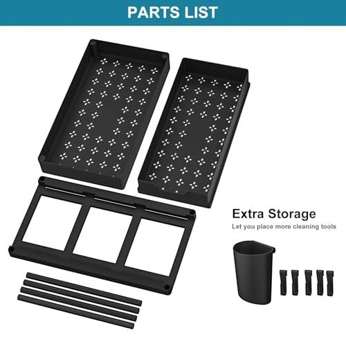 GoHooked black 2-tier under sink organizer with sliding basket, 5 hooks, and cup. Durable metal frame with perforated design.