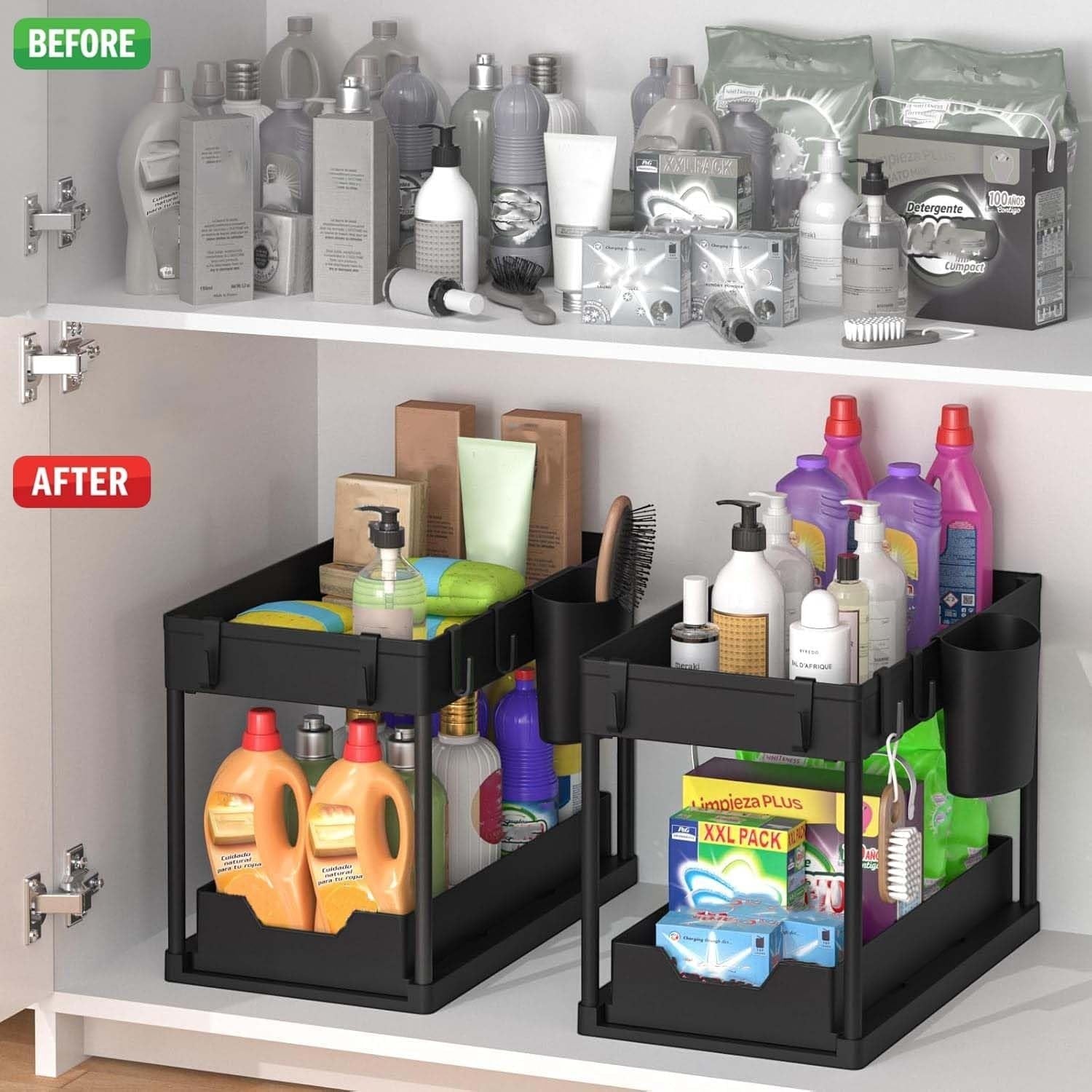 GoHooked black 2-tier under sink organizer with sliding baskets, 5 hooks, and cup, holding cleaning supplies.