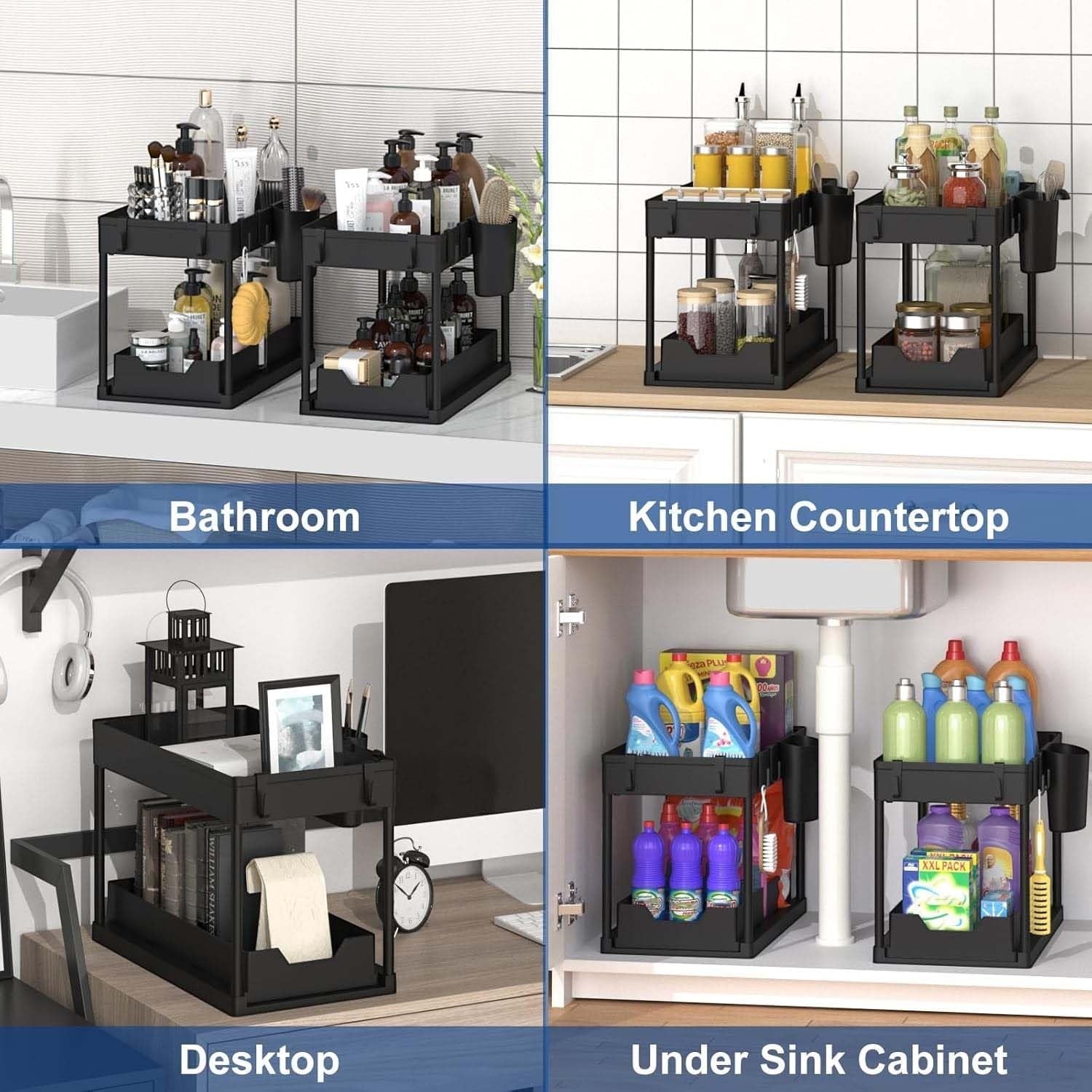 GoHooked black 2-tier under sink organizer rack with sliding basket, 5 hooks, and cup for bathroom, kitchen, and office.