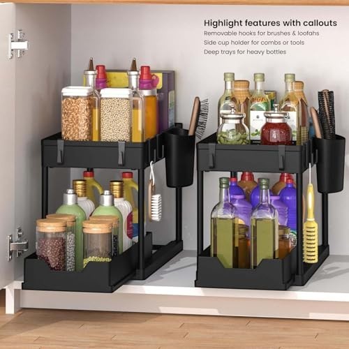 GoHooked black 2-tier under sink organizer rack with sliding basket, 5 hooks, and cup for home and bathroom storage.