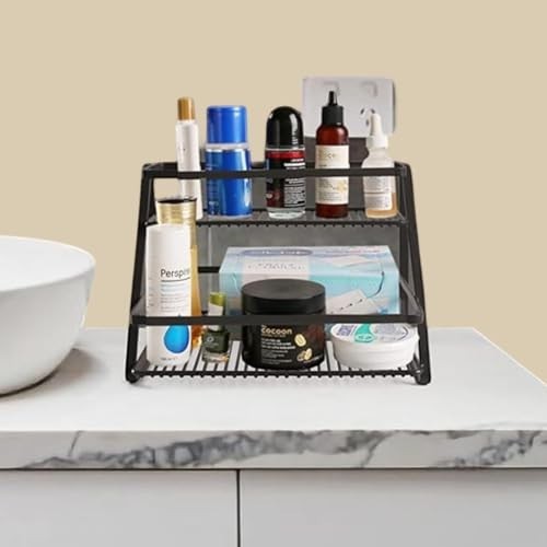 GoHooked black 2-tier metal vanity rack organizer with various bathroom and skincare products displayed.