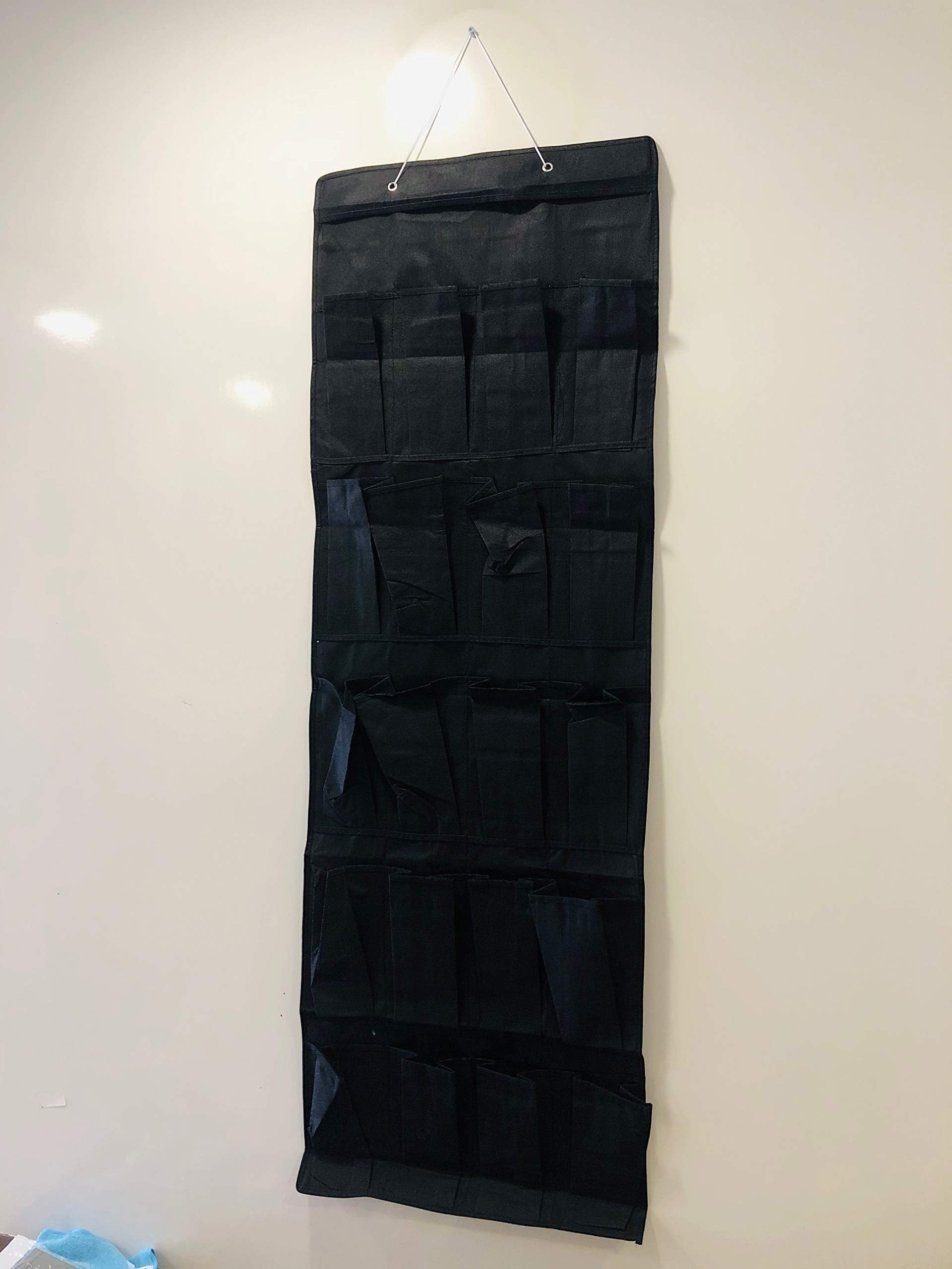 GoHooked black 20-pocket non-woven fabric over-the-door organizer for shoes, accessories, and household items. Features clear pockets and easy installation.