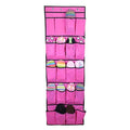 GoHooked pink non-woven fabric 20-pocket over-the-door organizer filled with hats, shoes, and accessories.