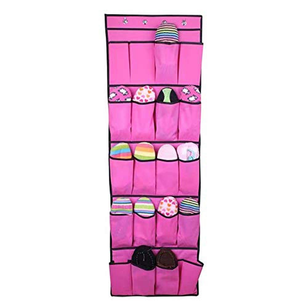 GoHooked pink non-woven fabric 20-pocket over-the-door organizer filled with hats, shoes, and accessories.