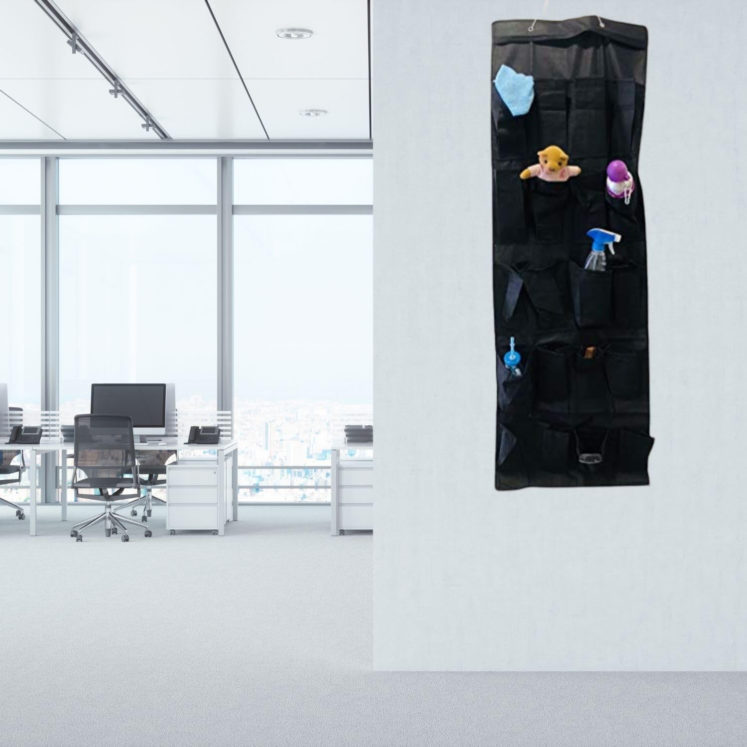 GoHooked 20-pocket black non-woven fabric over-the-door organizer with clear pockets for shoes, toys, and cleaning supplies.